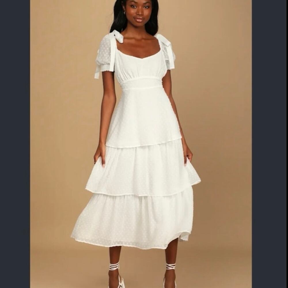 Lulus Always Beside Me White Swiss Dot Tiered Midi Dress Size S